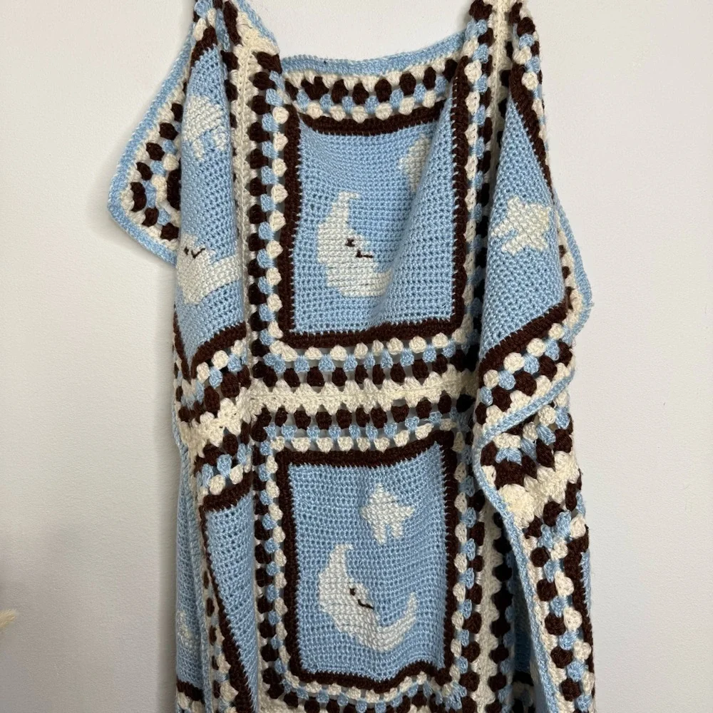 Handmade Granny Square Crochet Baby Blanket Afghan Moon & Stars Blue 40 x 57.5”
